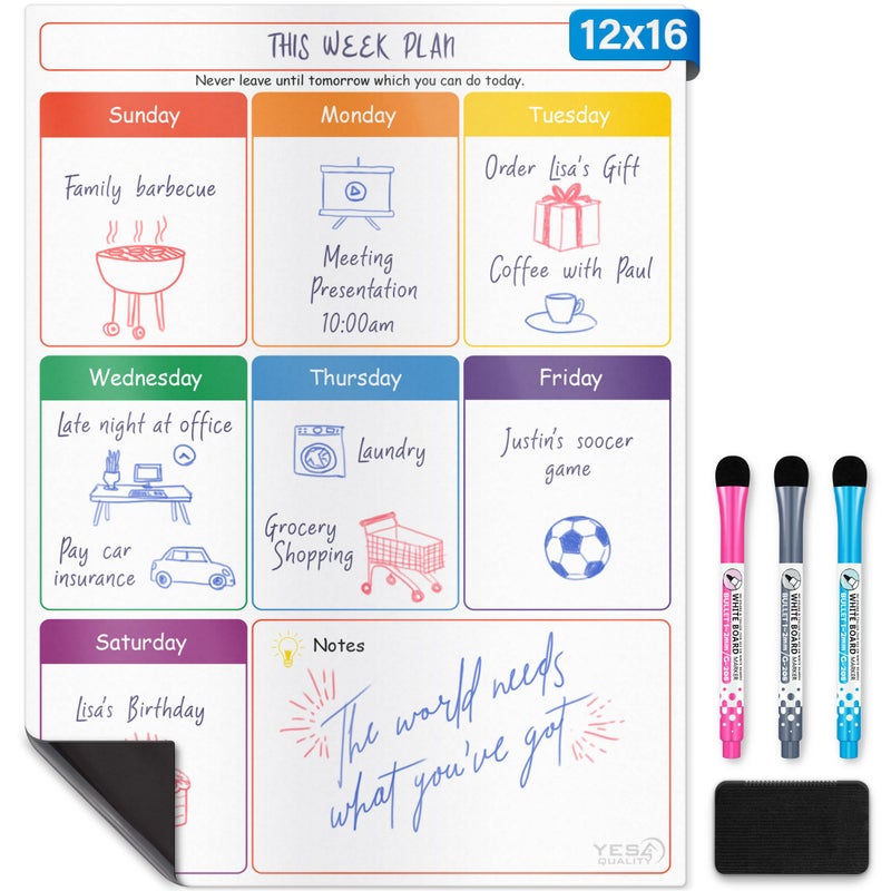 YES4QUALITY Magnetic Calendar - 16x12 Whiteboard - Dry Erase Calendar for Fridge - Monthly Refrigerator White Board Sheet with 3 Colorful Markers & Eraser, Meal Planner & Family Orgnanizer - by Yes4Quality - Image 1